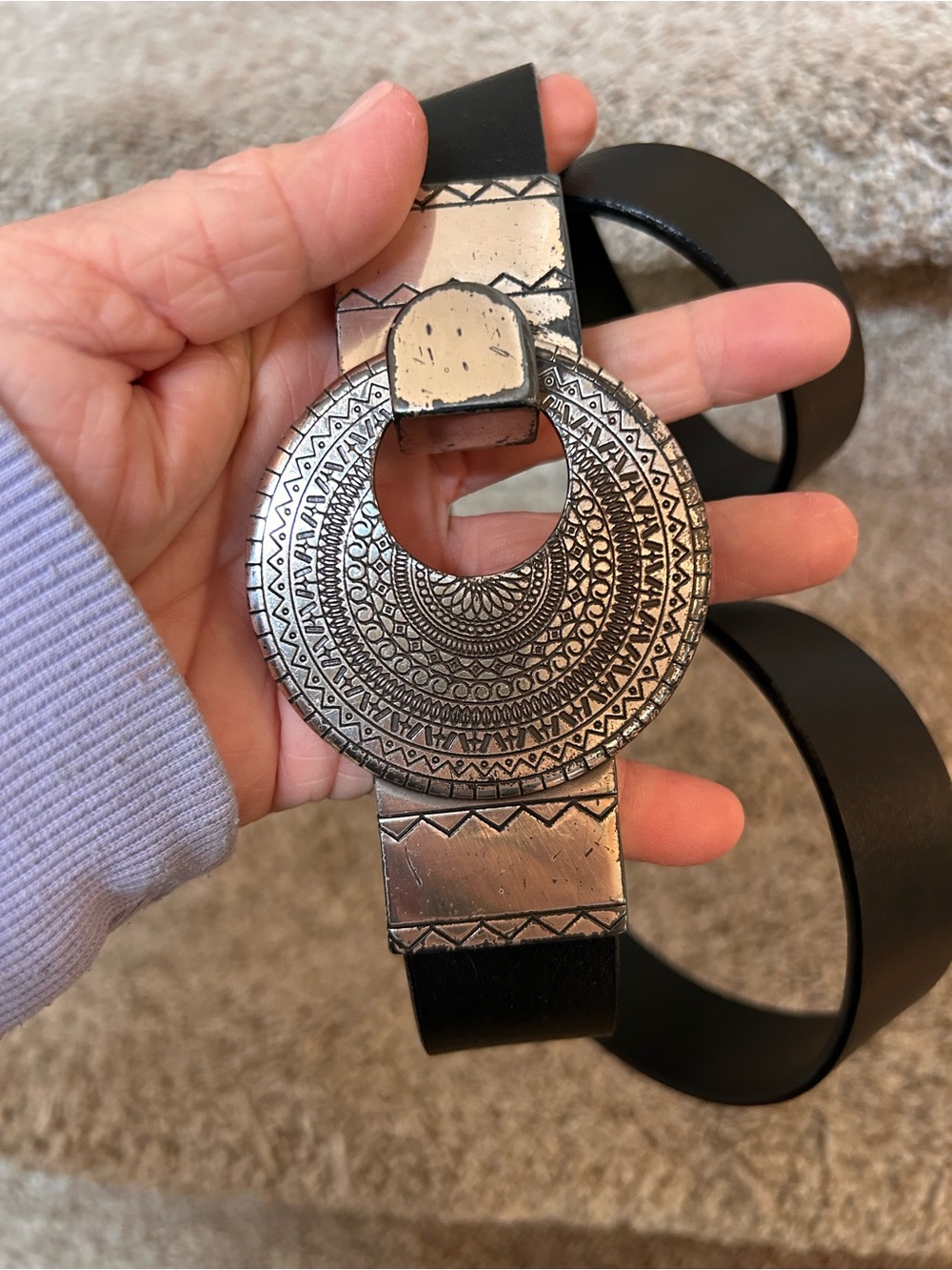 Chico’s Black Leather Belt with Silver Color Mandela Round Buckle. Maximalist. - Picture 2 of 6